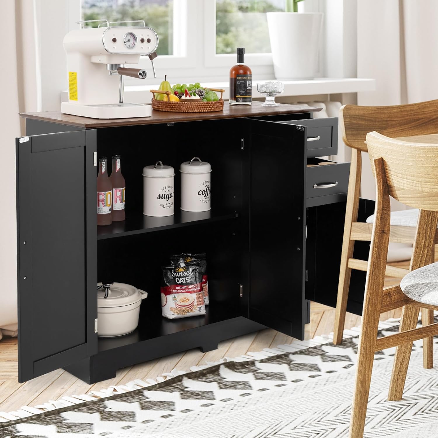 Buffet Cuisine Haut Avec étagères Réglables Et Tiroirs - Meuble Rangement Blanc/noir 105x45x185 Cm