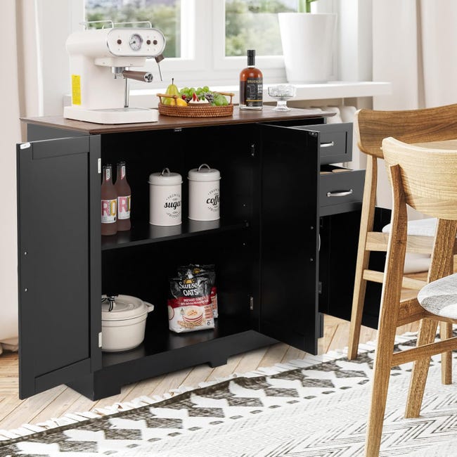 Buffet Cuisine Haut Avec étagères Réglables Et Tiroirs - Meuble Rangement Blanc/noir 105x45x185 Cm