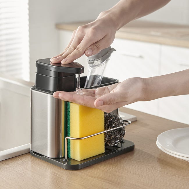 DMJWAN Supporto in spugna per lavello da cucina, per lavabo, da cucina, per strofinacci, sapone, scrubber in acciaio inox 304, organizer con vassoio di scarico automatico (Argento DMJWAN Supporto in spugna per lavello da cucina, per lavabo, da cucina, per strofinacci, sapone, scrubber in acciaio inox 304, organizer con vassoio di scarico automatico (Argento