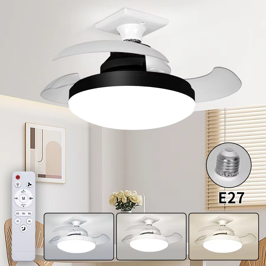 Lampa sufitowa LED chowana, E27, z pilotem, mały format, regulacja intensywności 3 kolory, 3 prędkości wentylacji, bez cokołu (38 cm)
