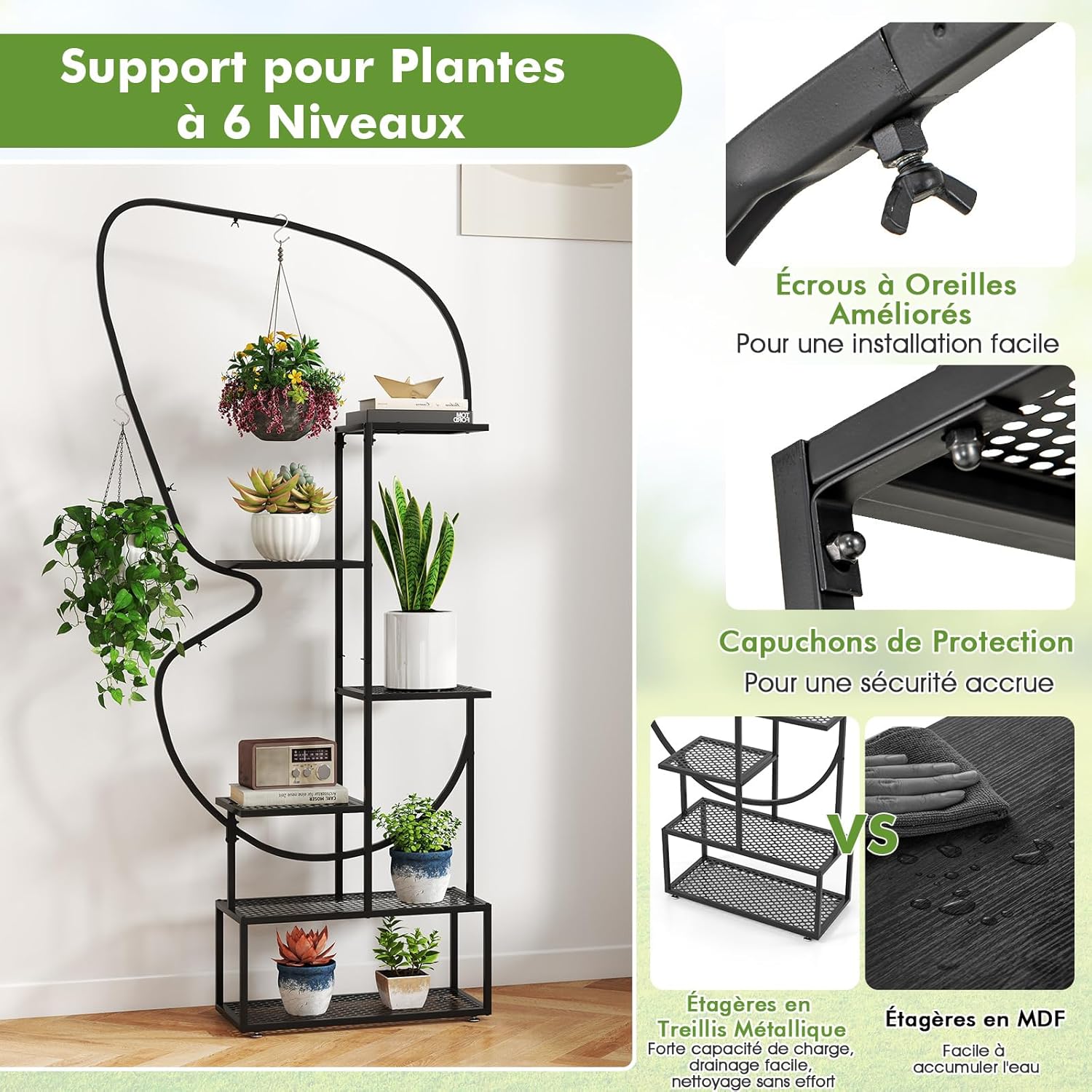 Support pour Plantes en Métal à 6 Niveaux, Étagère à Fleurs avec 12 Tablettes Métalliques 4 Crochets Forme Papillon, 56 x 26 x 185 cm, Noir - 5