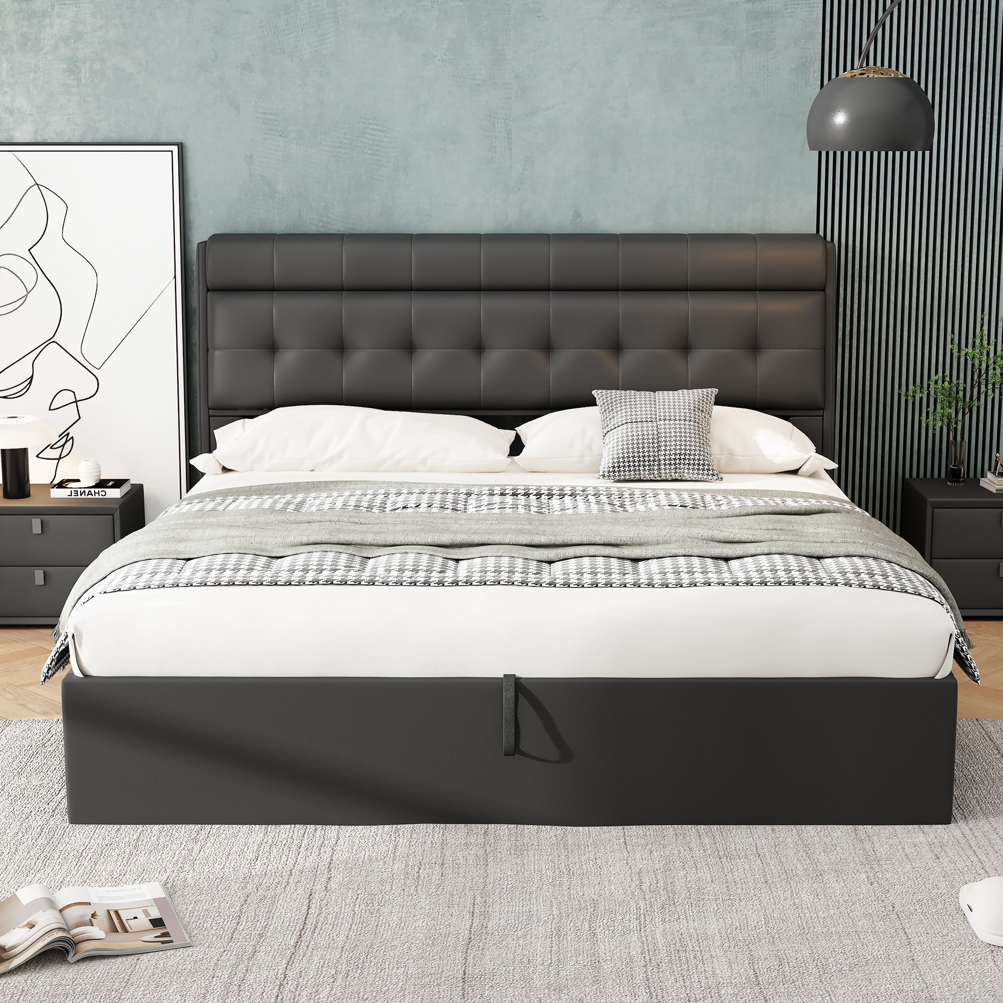 Lit coffre 180 x 200 cm avec tête de lit rangement - LEDs - Cuir PU - Noir (sans matelas) - 2