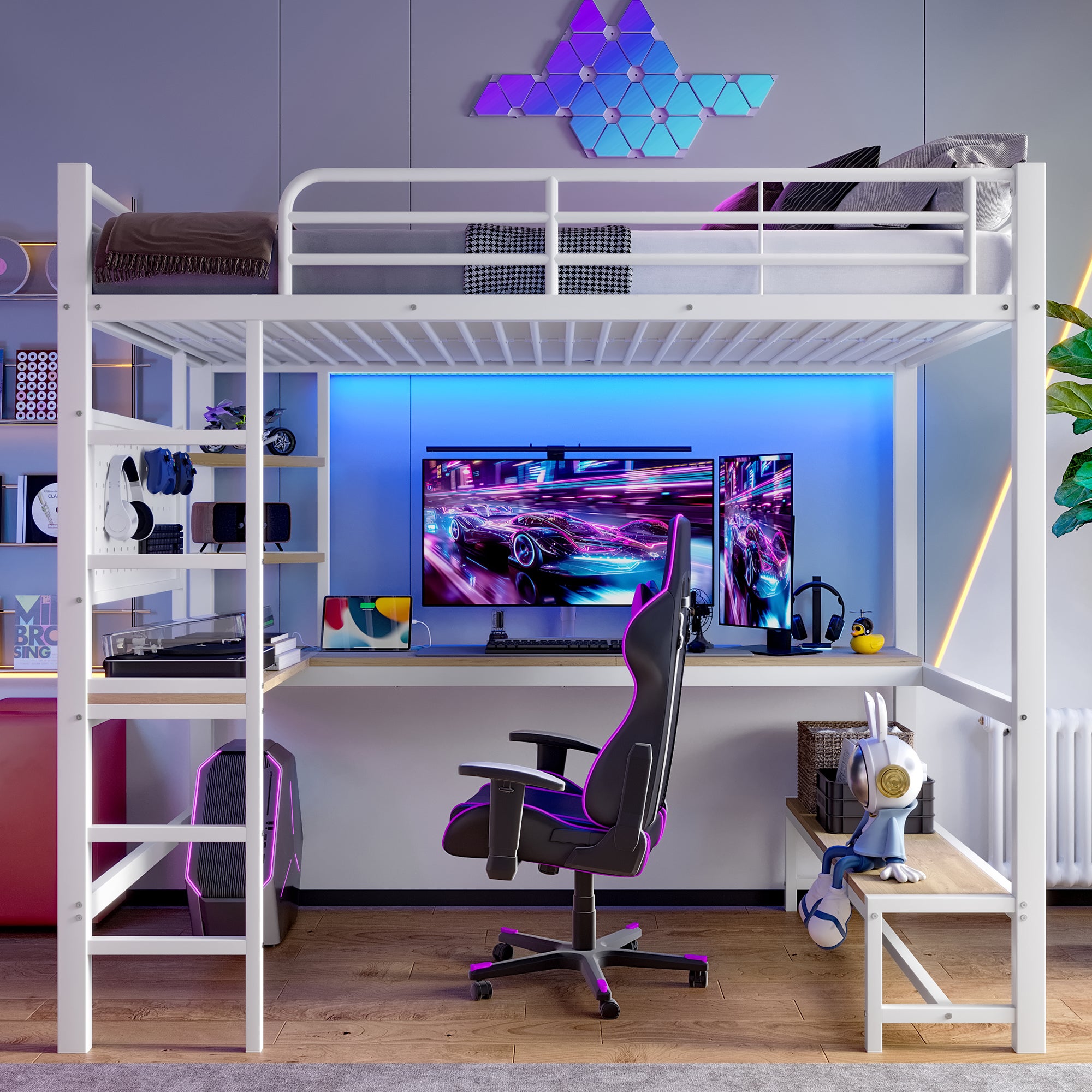 Łóżko antresola 90x200cm - z biurkiem + barierką - z gniazdami USB + Type-C - z oświetleniem LED - biały