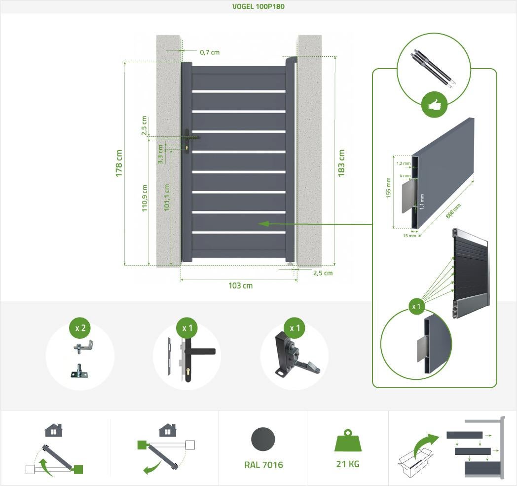 VOGEL Cancello pedonale manuale in alluminio, semi traforato 106 x 180 cm, grigio - 2
