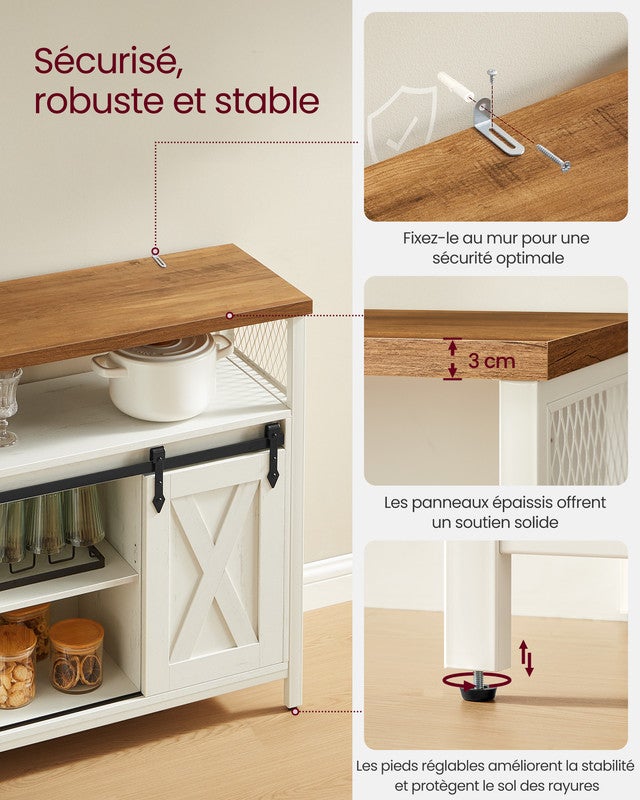 Buffet de Cuisine, avec 2 Portes Coulissantes, 33 x 100 x 80 cm, Étagères Réglables, pour Salon, Blanc Rustique et Marron Miel - 6