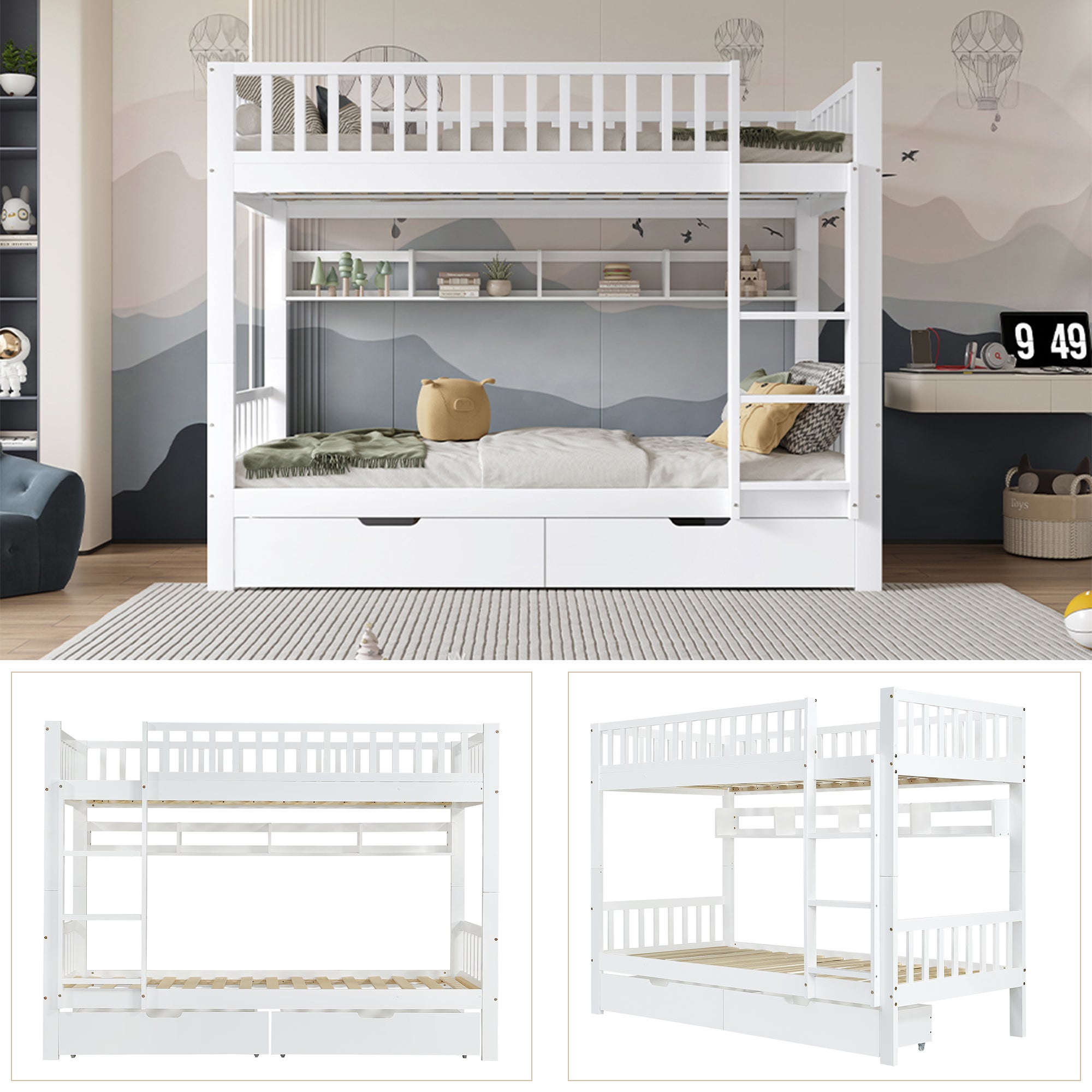 Lit superposés séparables 2 x 90 x 200 cm avec 2 tiroirs et étagères - Pin et MDF - Blanc (sans matelas) - 5