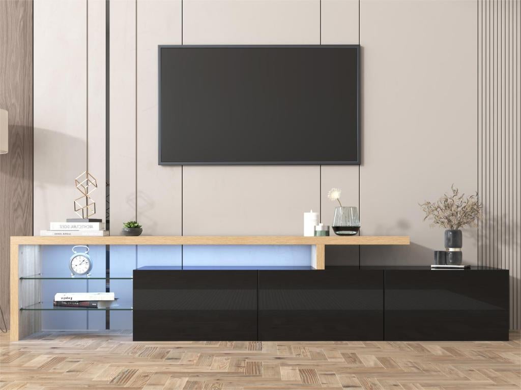 Buffet Rangement 3 Portes – 120x32x92 Cm – Bois Naturel Et Pieds Noirs – 8 Compartiments + Plateau