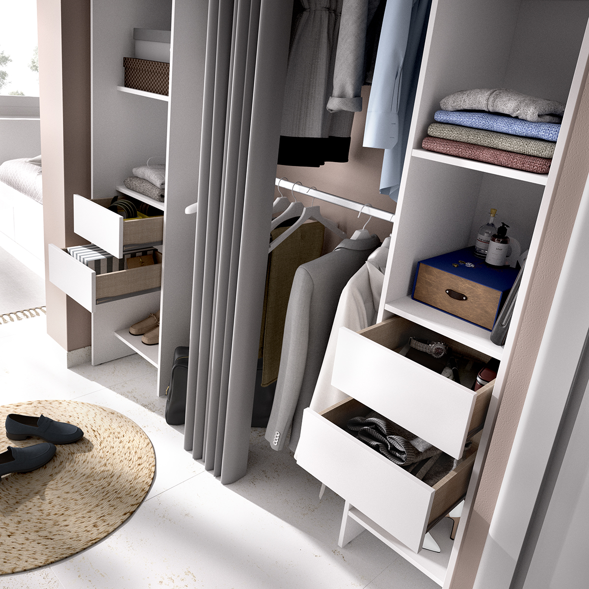 Dressing extensible avec rideau + 4 tiroirs - Decor Blanc - L 180-113 x P 50 x H 205 cm - SUIT - 7