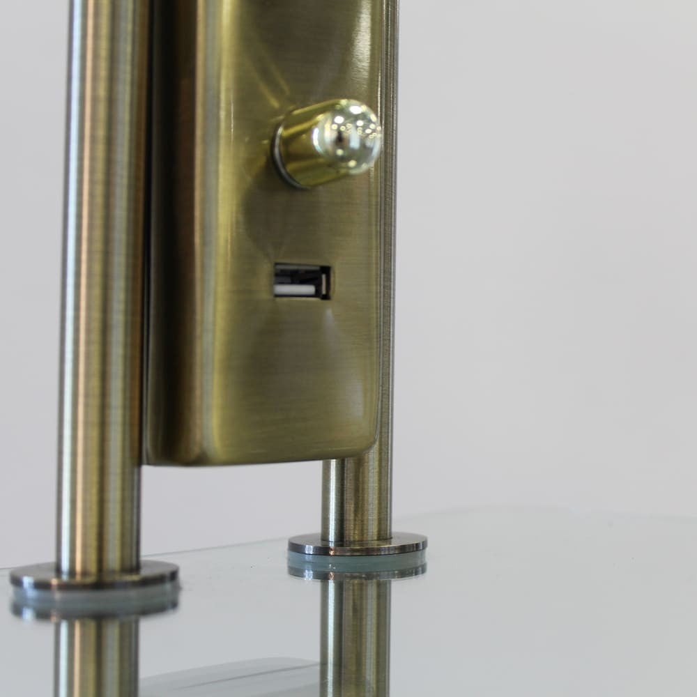 Lampa podłogowa Olimpia LED ze szklaną półką i portem USB w skórzanej metalowej konstrukcji ø25,5cm - 4