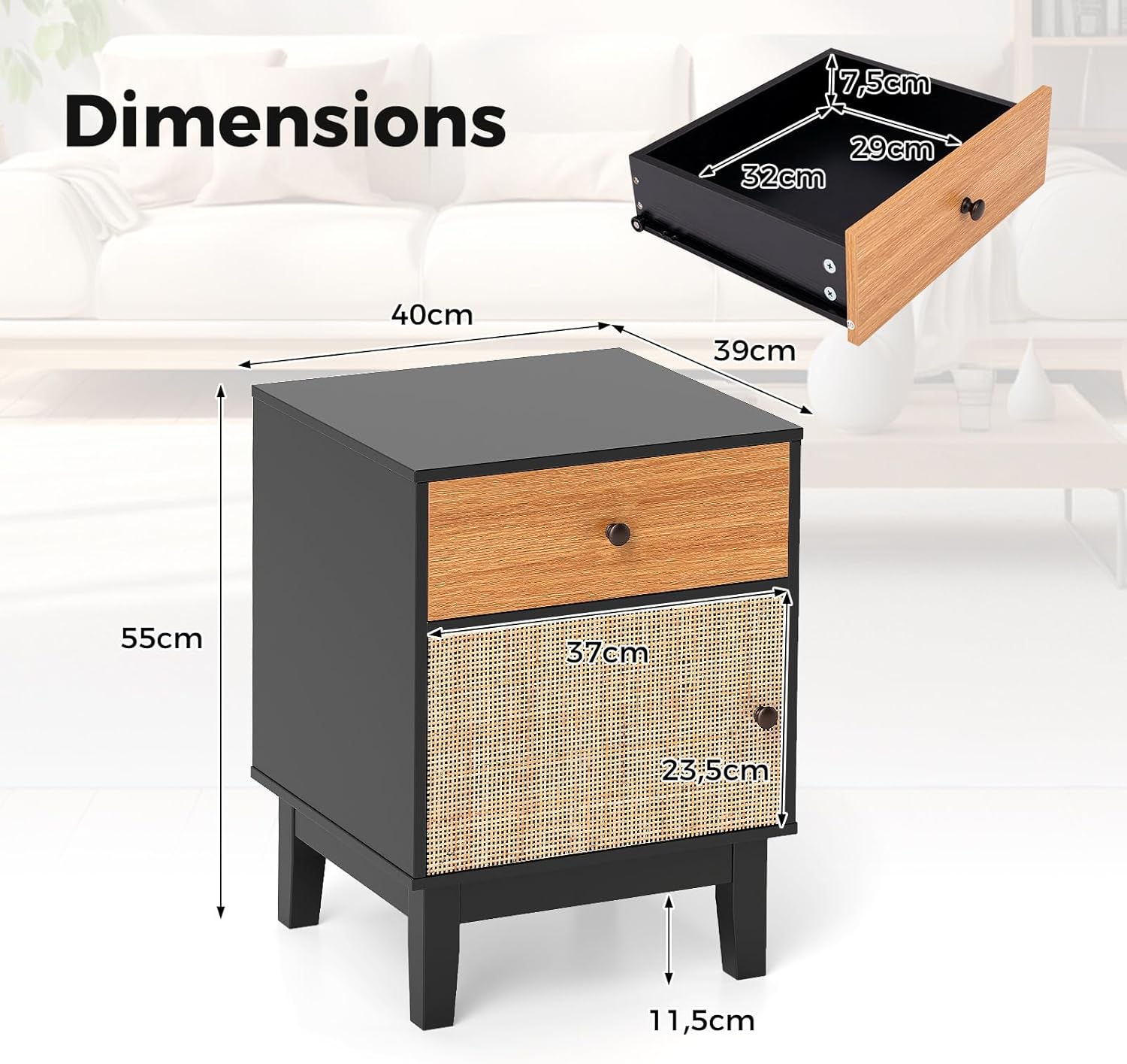 Comodino in Rattan 40 x 39 x 55 cm, Mobile Moderno con Cassetto, Armadietto e Gambe in Legno Massello, Tavolino in Stile Boemia per Camera da - 3
