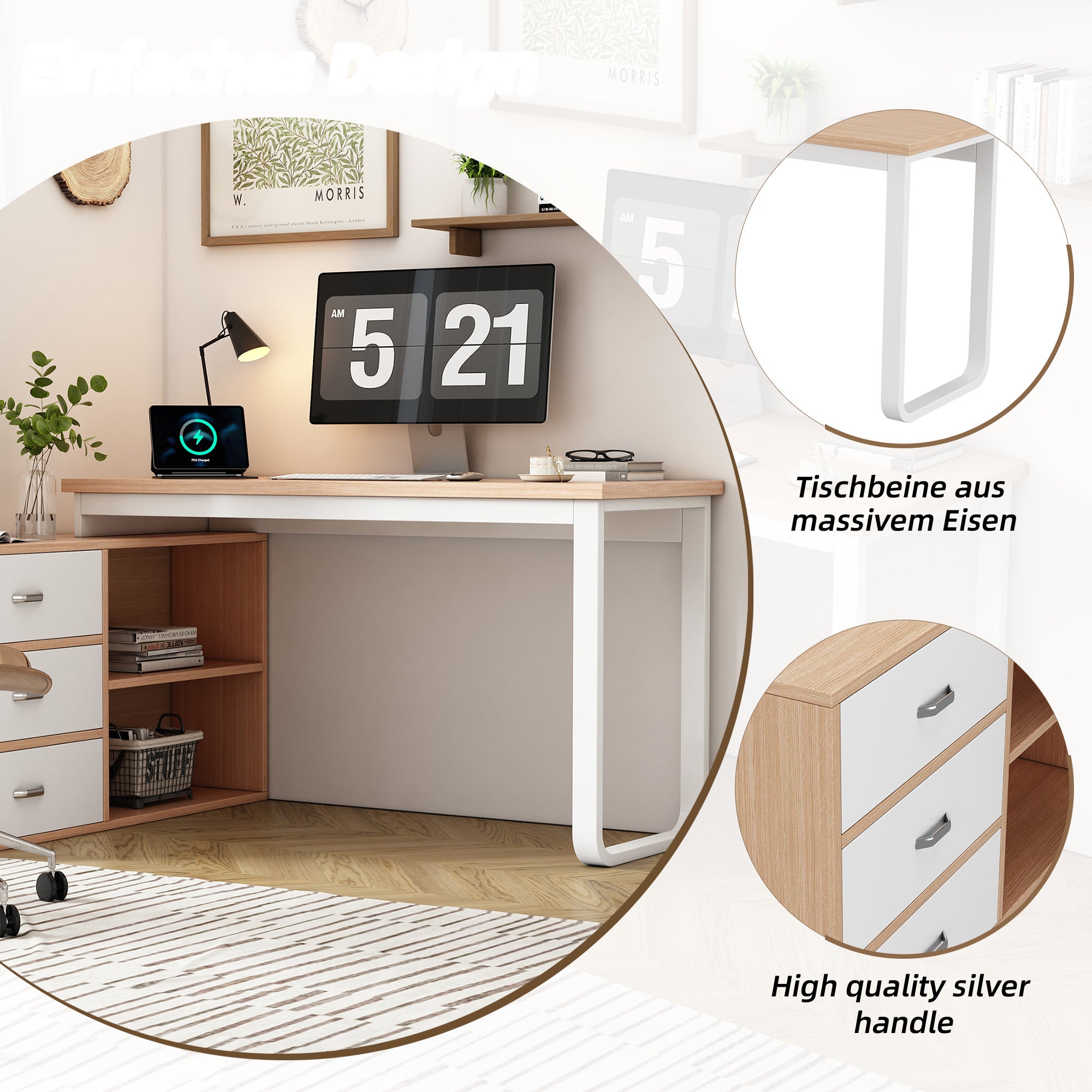 Bureau d'angle avec 3 tiroirs et 2 compartiments de rangement - 147 x 100 x 75.3 cm - MDF et pièds en acier - Naturel - 6