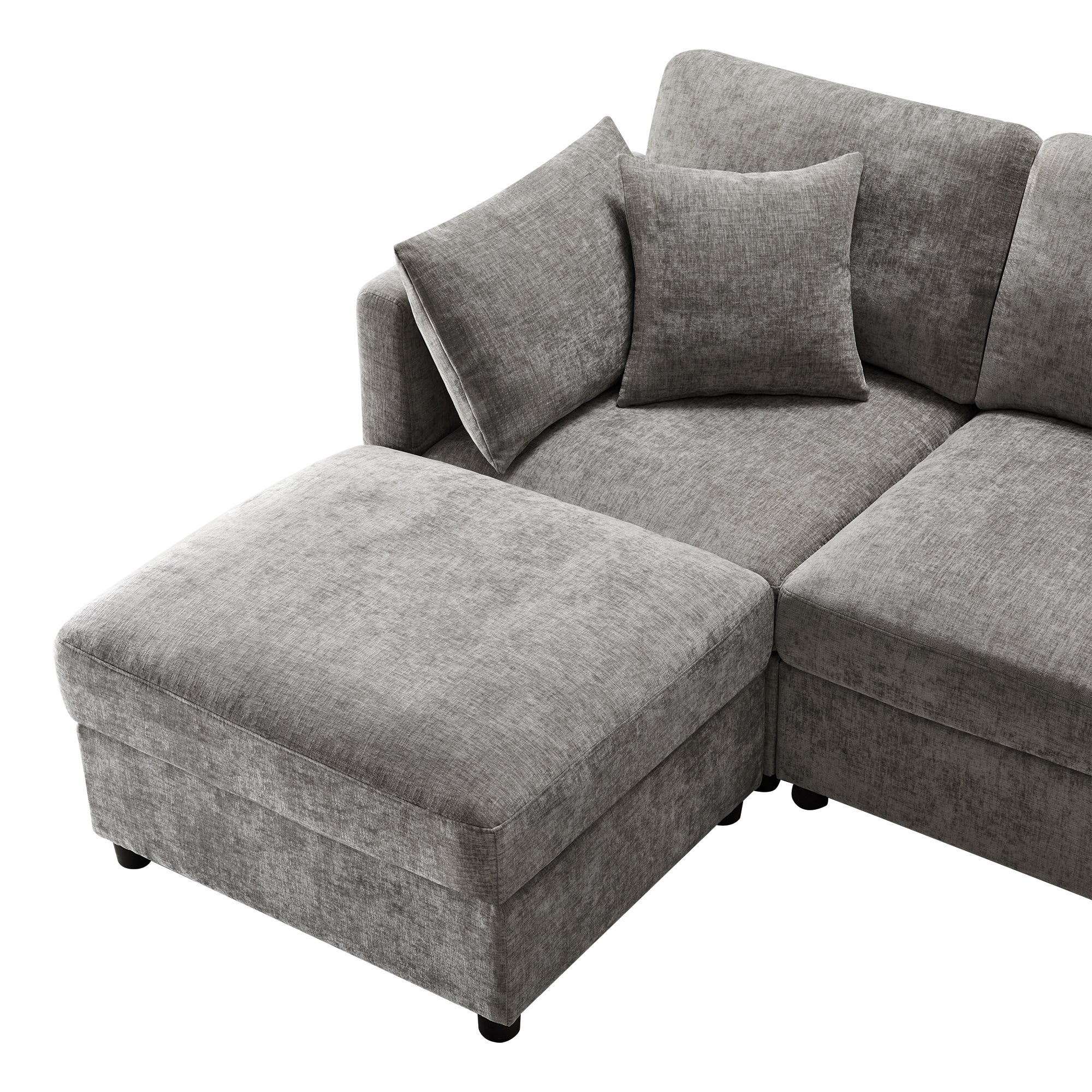 Narożna sofa w kształcie litery L - 3-osobowa - z podnóżkiem - 4 poduszki - regulowane podłokietniki - szara - 8