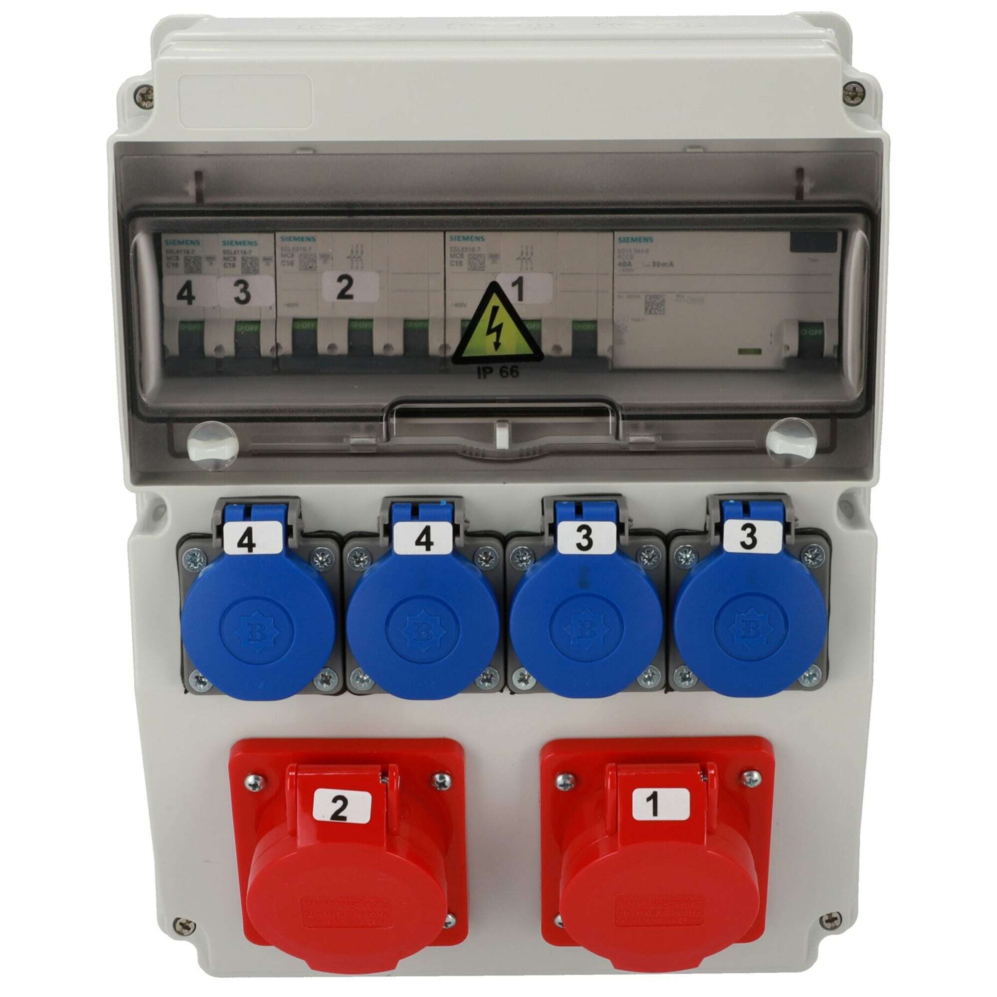 Rozdzielnica Edo wyposażona ASTAT 539 Plus IP65 2x16A/5P, 4x230V schuko IP44, wyłączniki SIEMENS
