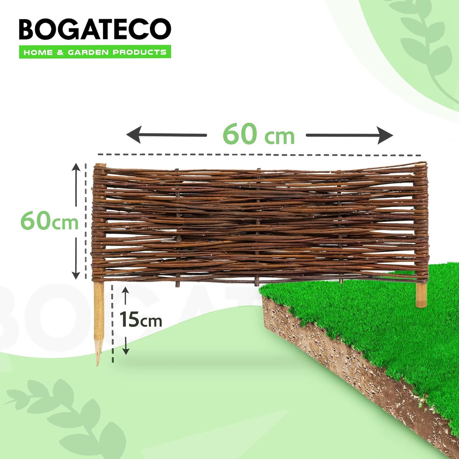 10 x Bordure clôture en osier BOGATECO en saule | 60 cm de longueur et 20 cm de hauteur | Bordure de pelouse de clôture en bois - 3