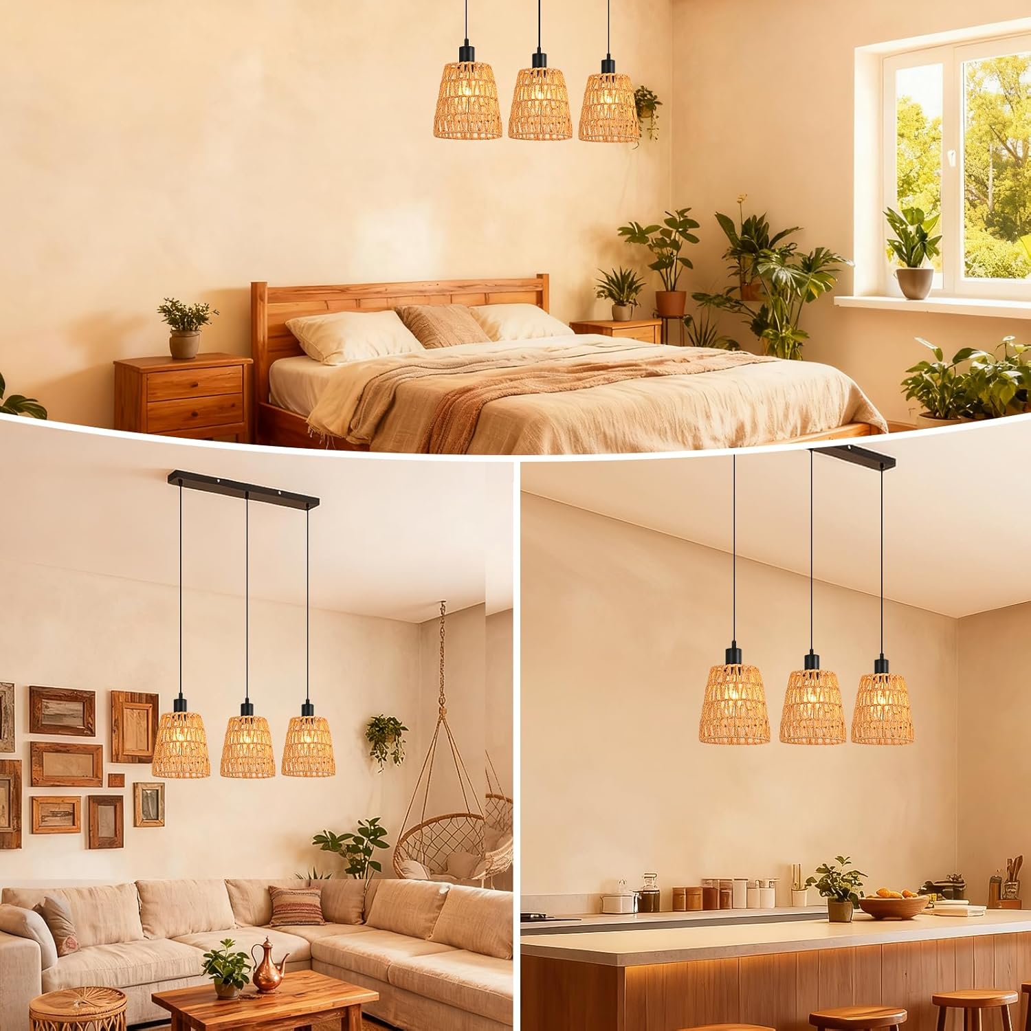 Lampa wisząca Nettlife Boho Rattan z 3 żarówkami – żyrandol z plecionej liny konopnej w stylu vintage, E27 (żarówki nie są dołączone) - 6