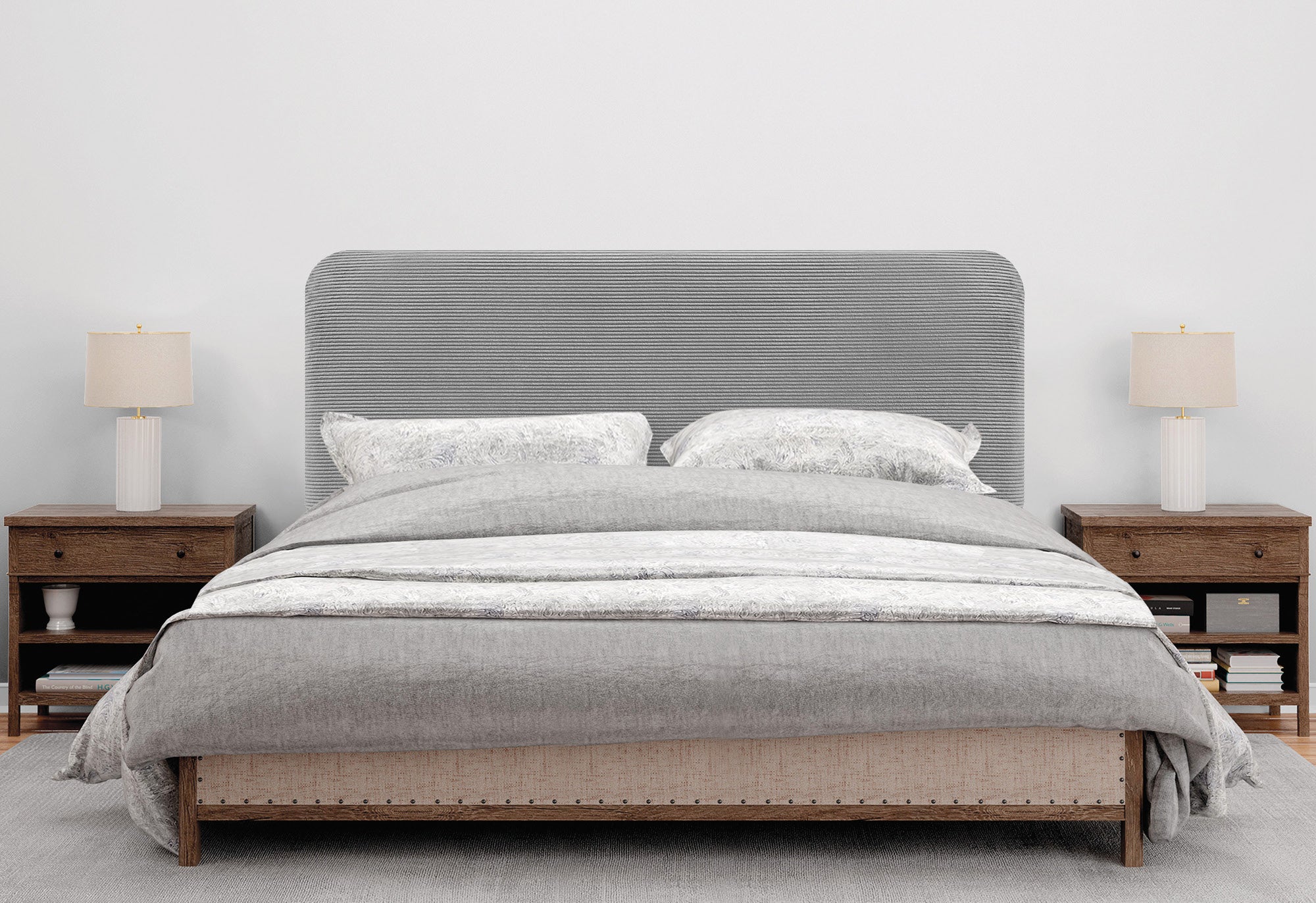 DHOME Cabecero Tapizado en Pana con Patas Redondeado para Pared Acústicos Cabeceros Absorbentes Cabezal Cama Dormitorio (Gris, 160cm) - 5