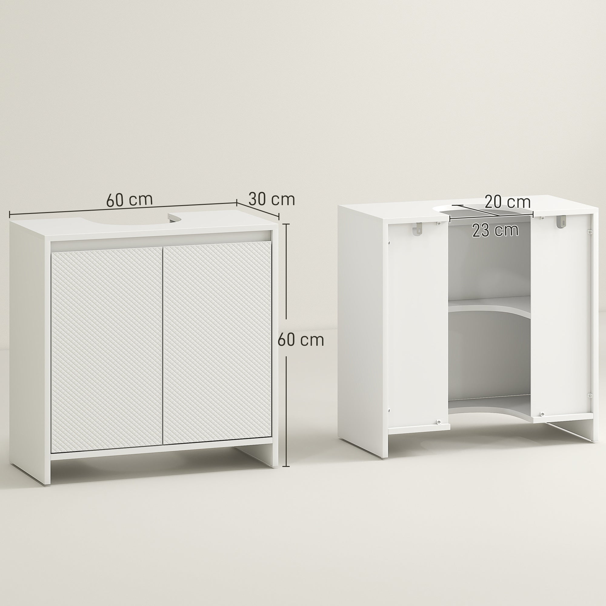 HOMCOM Mobile Sottolavabo Bagno con 2 Ante Decorate e Intaglio a U per Tubi, 60x30x60cm, Bianco - 3