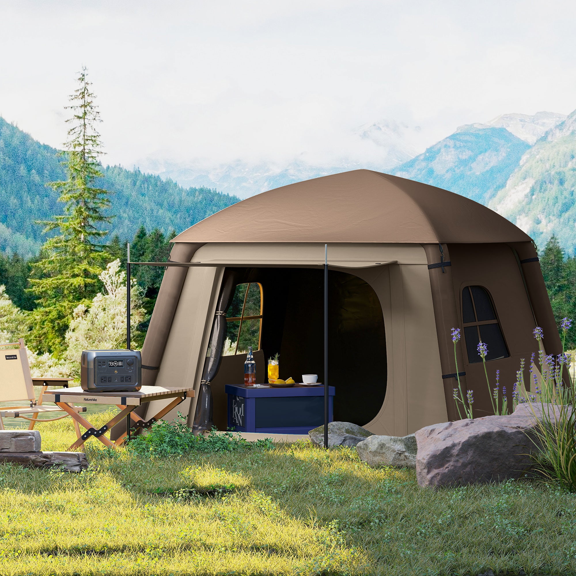 Tente de camping gonflable Tente familiale extérieure 1-2 personnes avec pompe à air à crochet, fenêtres, portes pour 4 saisons - 4