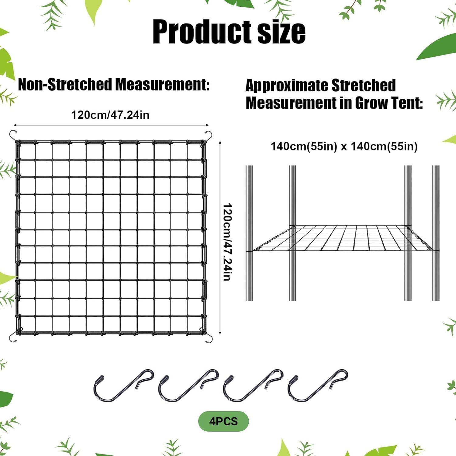 yuejuhe Rete per Piante Rampicanti, Rete Elastica a Traliccio da Giardino con 4 Ganci, Rete di Supporto per Piante per Cetrioli Pomodori Fiori Verdure (120 x 120 cm