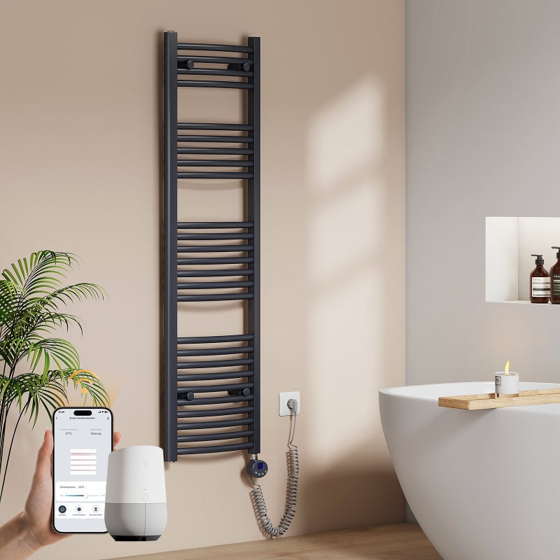 EMKE Grzejnik elektryczny łazienkowy Wygięta 140x40cm - Inteligentne Sterowanie z Programatorem Tygodniowym w Aplikacji - 500W - Matowy Antracyt