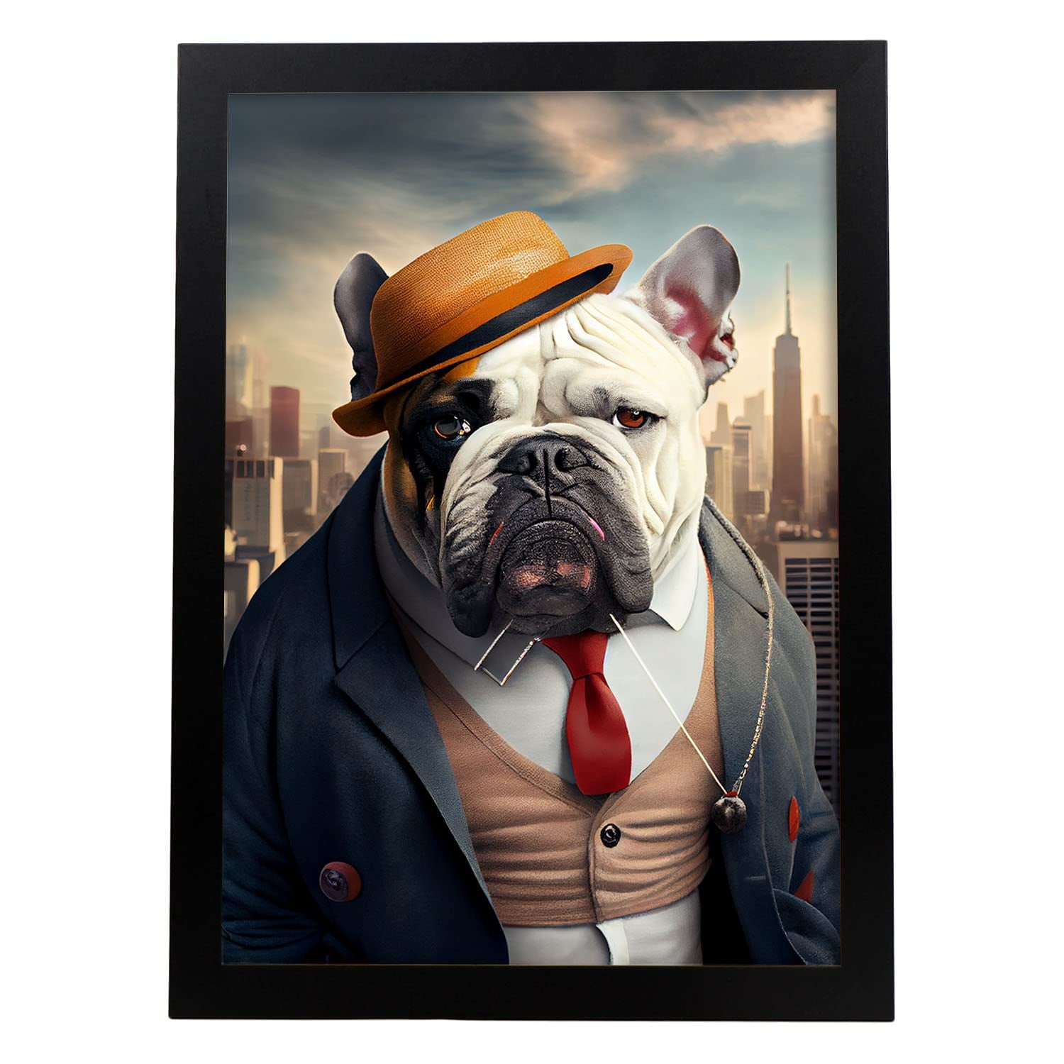 Nacnic lámina bulldog inglés confiado en estilo fotografía a todo color divertidas ilustraciones de animales con ropa humana diseño y a3 marco negro