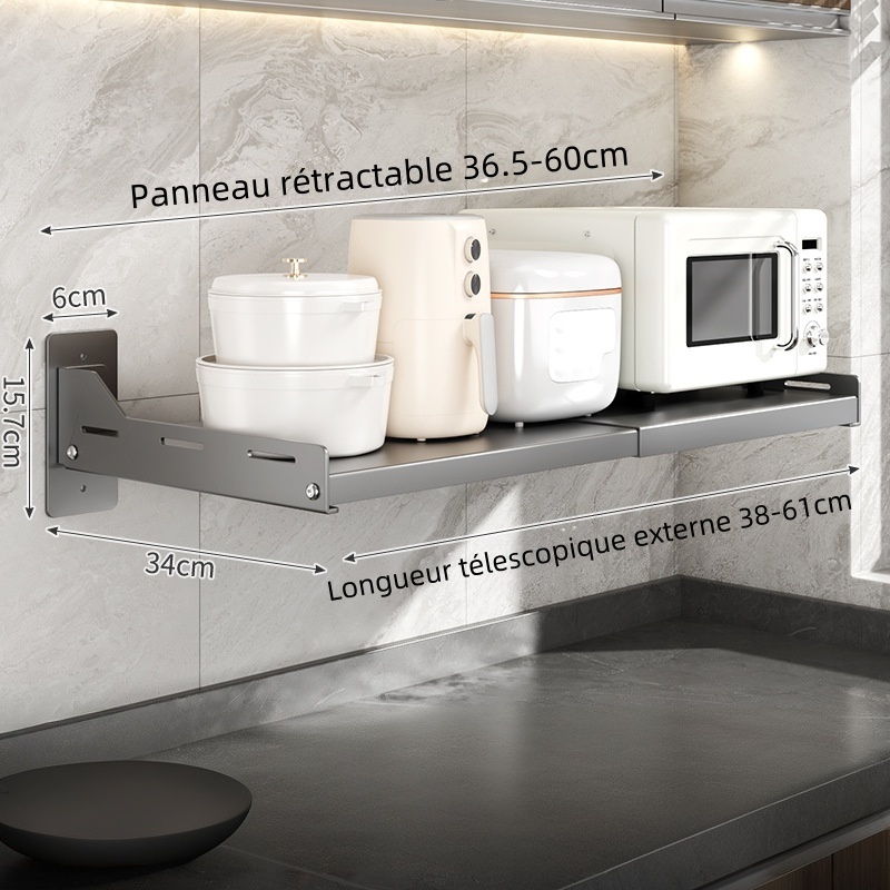Étagère de Cuisine Extensible pour Micro-Ondes, Support Mural pour Four, Installation Sans Perçage, 36.5-60×34×15.7cm, Gris - 7