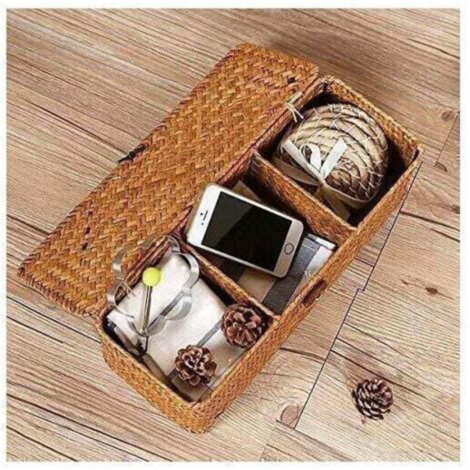 Panier de Rangement avec Couvercle Rectangulaire Coffre en Osier avec Compartiments Organisable Papier Toilette Snack Jouets - 2