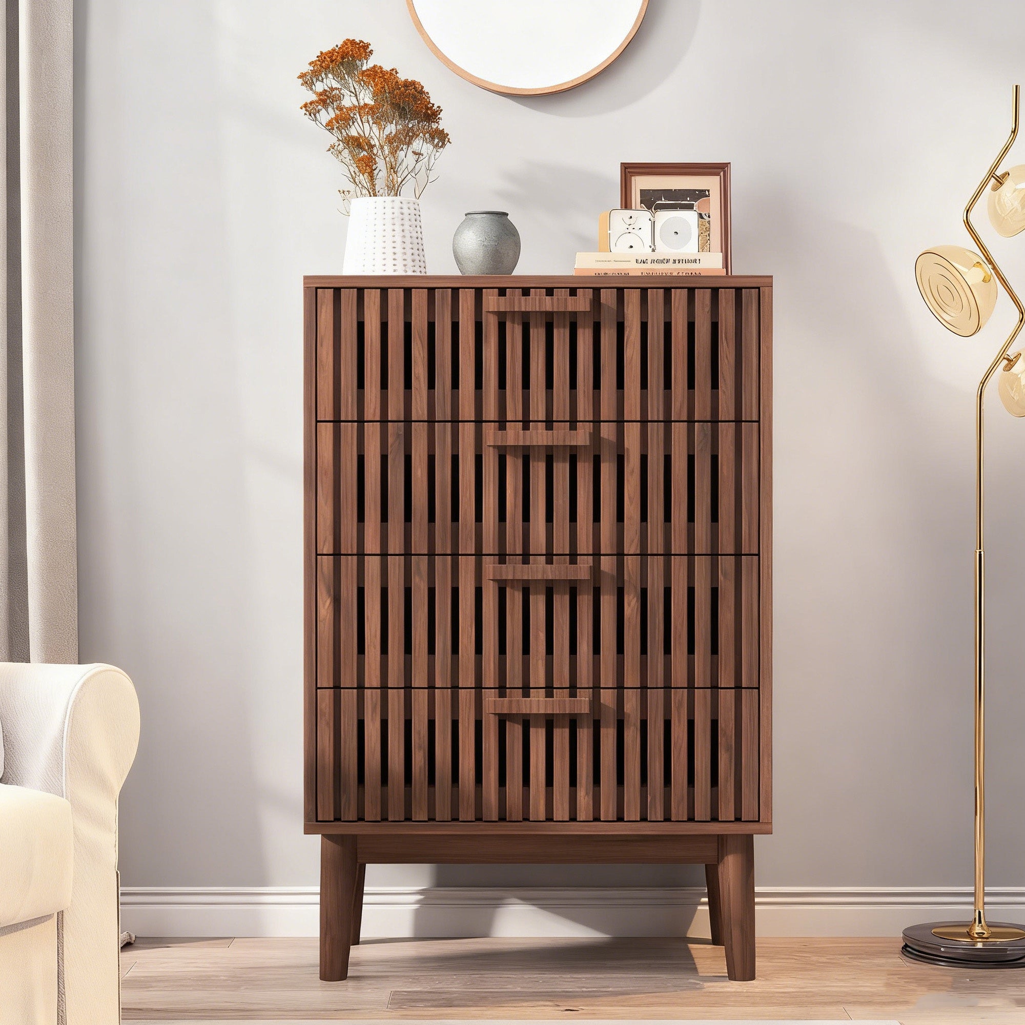 Commode avec 4 tiroirs - poignées en bois - commode de chambre en bois - Style rétro - 60x34x91cm - pour chambre salon - Bois noyer - 9