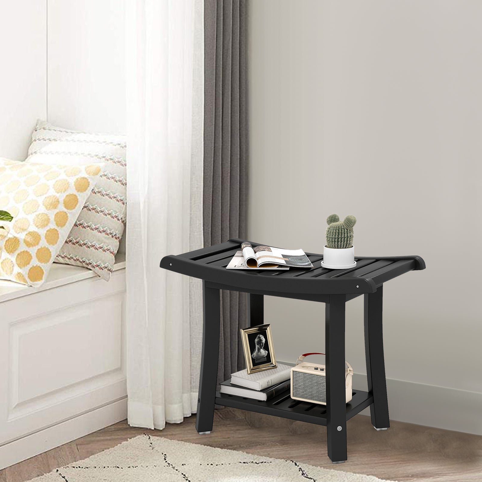 Tabouret Salle de Bain 2 Niveaux en PEHD Étanche, Banc de Douche Antidérapants Siège Incurvé pour Enfants et Adultes Charge 150kg, Noir - 9