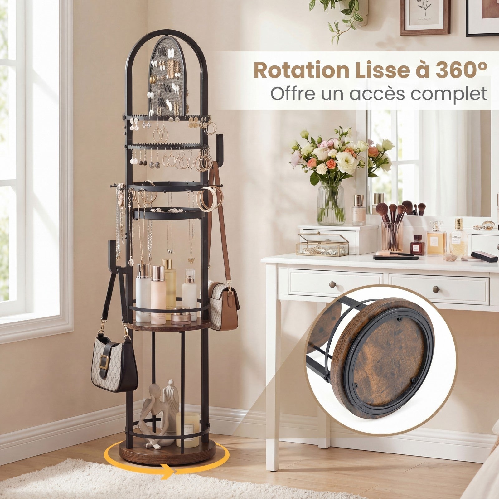 Support de Bijoux sur Pied Rotatif à 360° , Présentoir à Bijoux avec Porte-Boucles d'Oreilles, Colliers et 3 Étagères, Arbre de Rangement, Marron - 4