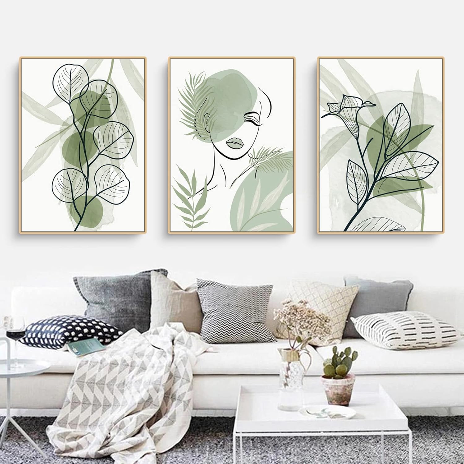Lot de 3 posters de qualité supérieure - Motif feuilles vertes abstraites - Peinture sur toile - Impression murale Sans cadre - 40 x 50 - 3