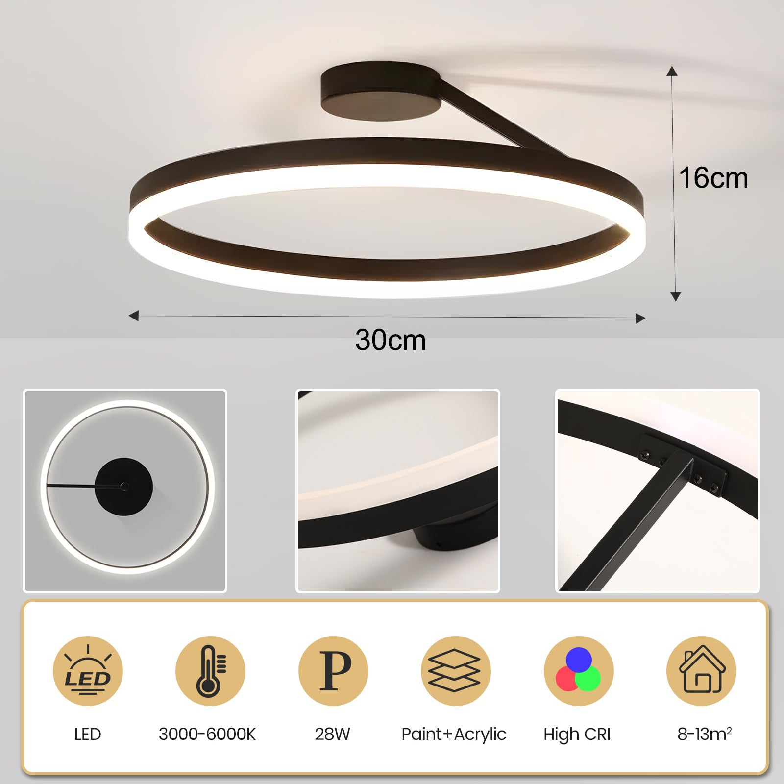 Ściemnialna lampa sufitowa LED z pilotem, nowoczesna lampa wisząca LED, okrągła lampa wpuszczana w sufit o średnicy 30 cm, 3 temperatury barwowe - 5