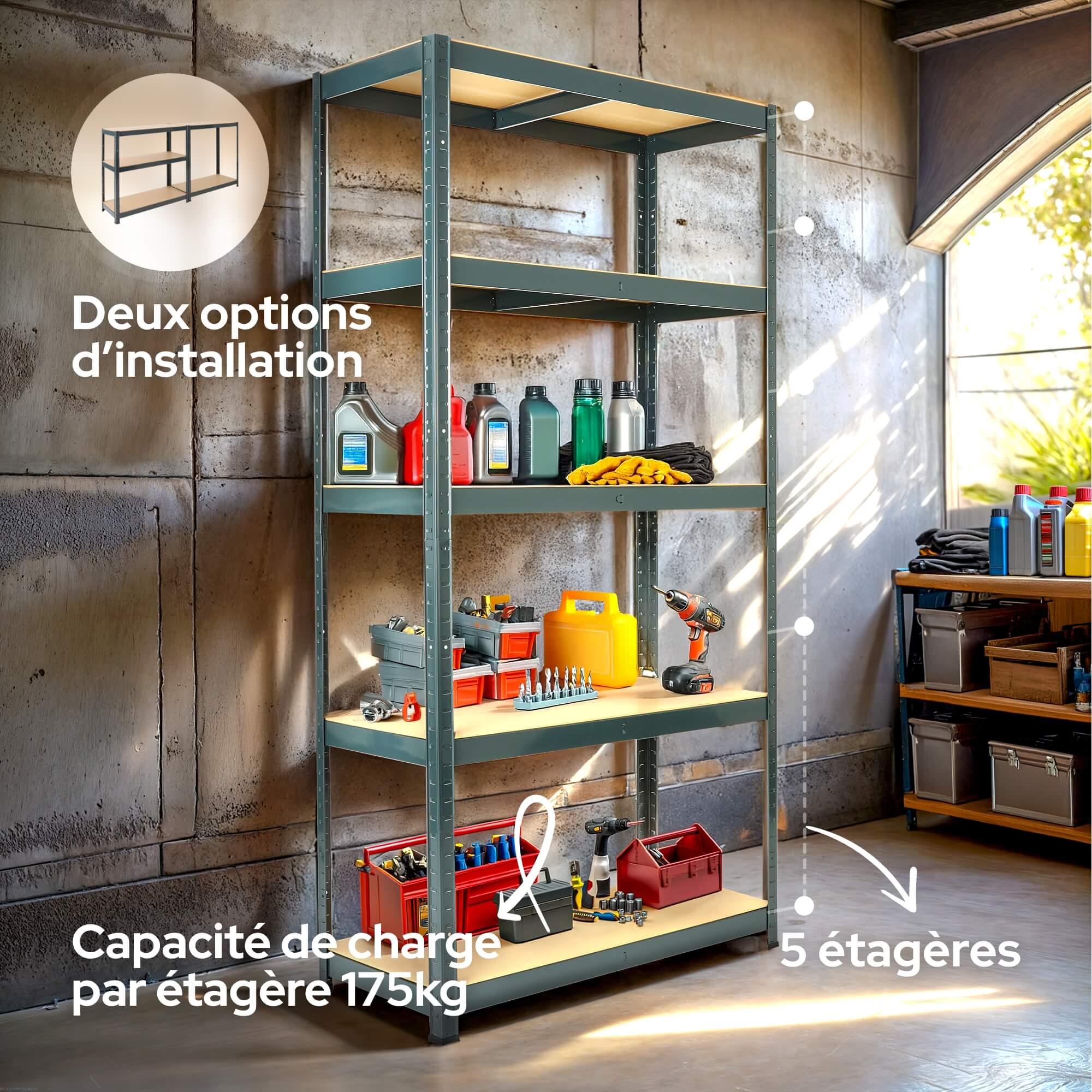 AREBOS Lot de 2 étagères pour charges lourdes - 180 x 90 x 40 cm - Noir - 5 étagères - Étagère d'atelier - Étagère de rangement pour cave - 3