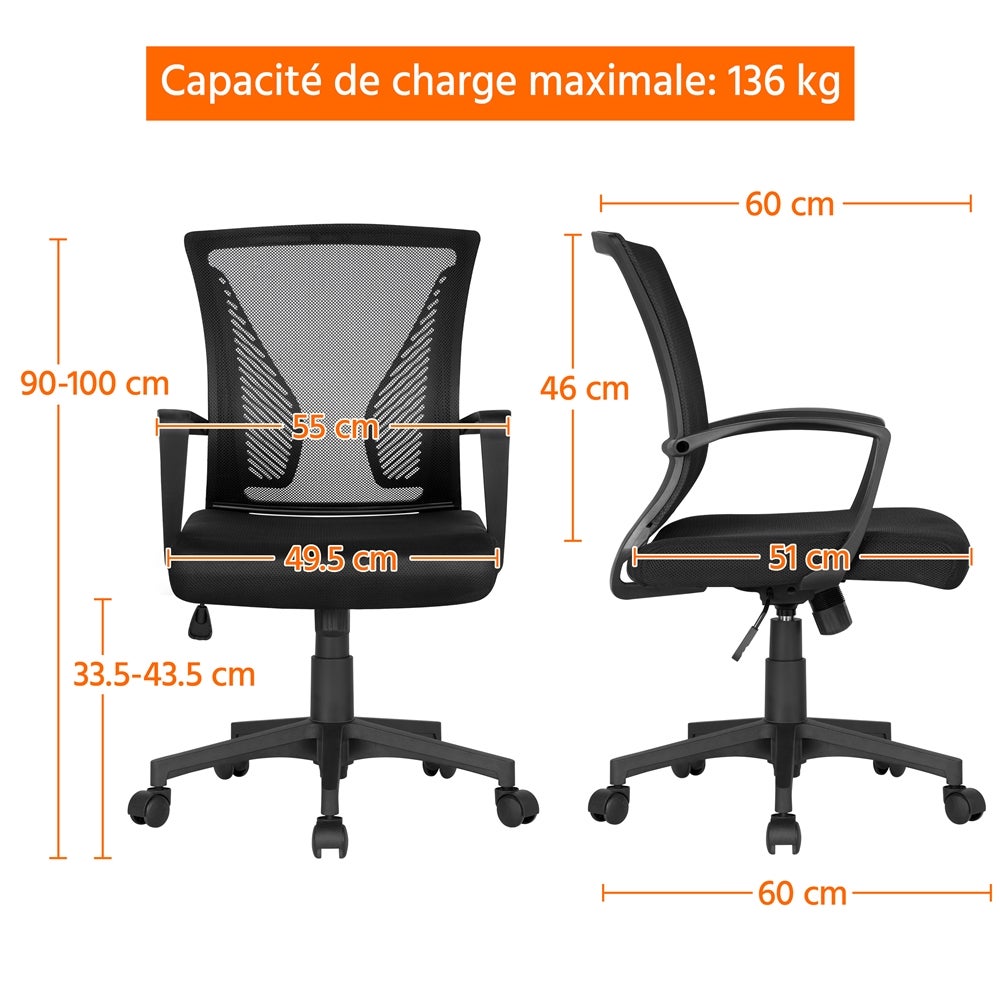 Chaise Bureau avec Siège Dossier Hauteur Réglable Fauteuil d'Ordinateur Charge 125kg Yaheetech - 4