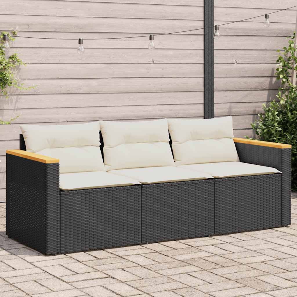 Sofa ogrodowa z poduszkami, 3-osobowa, czarna, polirattan vidaXL