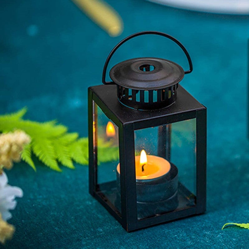 Faroles para velas, faroles de jardín, 4 faroles colgantes pequeños para velas de té, portavelas negros para eventos en interiores y exteriores. - 4