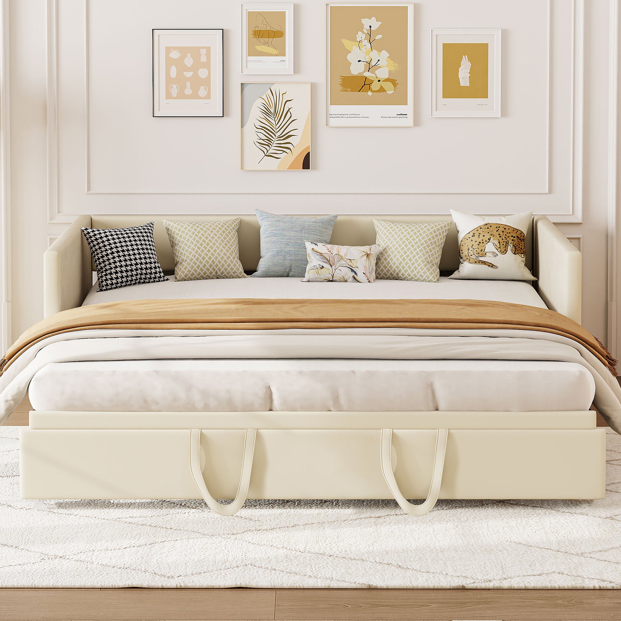 Canapé lit convertible 90x200 / 180x200 cm, lit banquette 2 places avec sommier à lattes, lit extensible, lit escamotable - Beige,Sans Matelas - 2