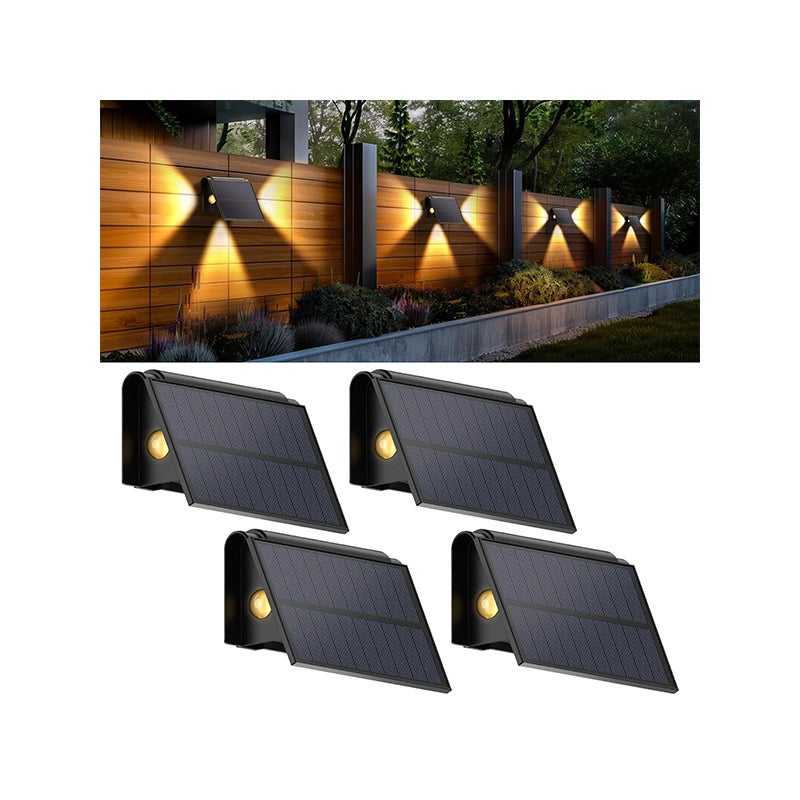 Zewnętrzna solarna lampa ścienna, ciepłe białe światło 3500 K, reflektor ogrodowy, oświetlenie z trzech stron, 4 sztuki