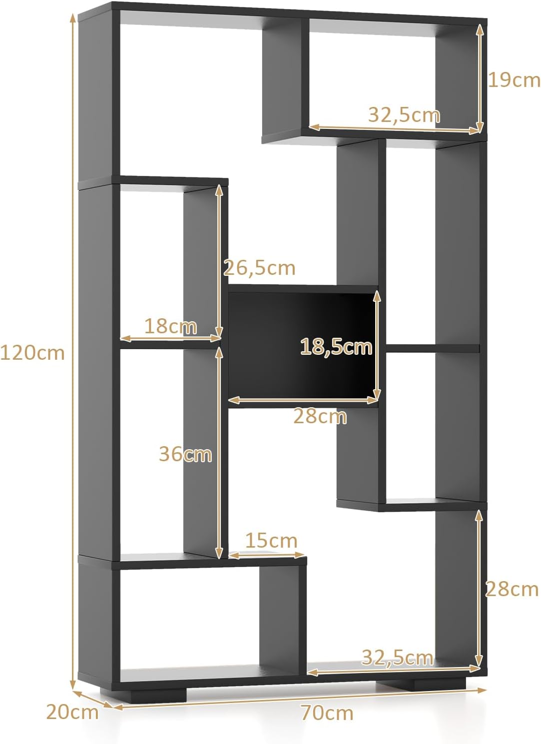Bibliothèque Meuble de Rangement, Étagère Bureau en Bois pour Salon 70 x 20 x 120 CM, 9 Étagère Cube Ouverte, Kit Anti-basculement (Noir) - 3