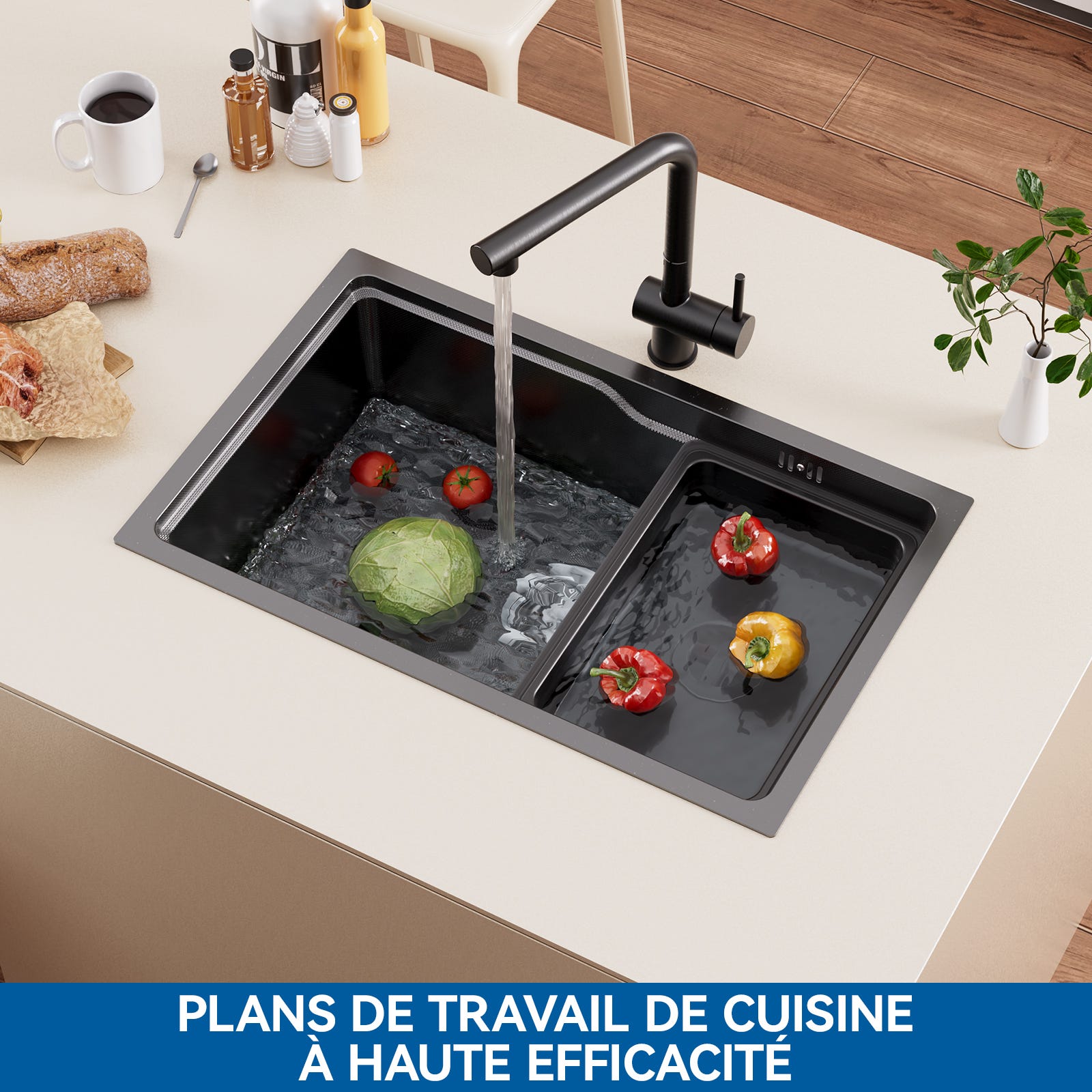Evier Basque Évier Cuisine 1 Bac 68×43×21CM Noir Évier à Encastrer avec Egouttoir et ...