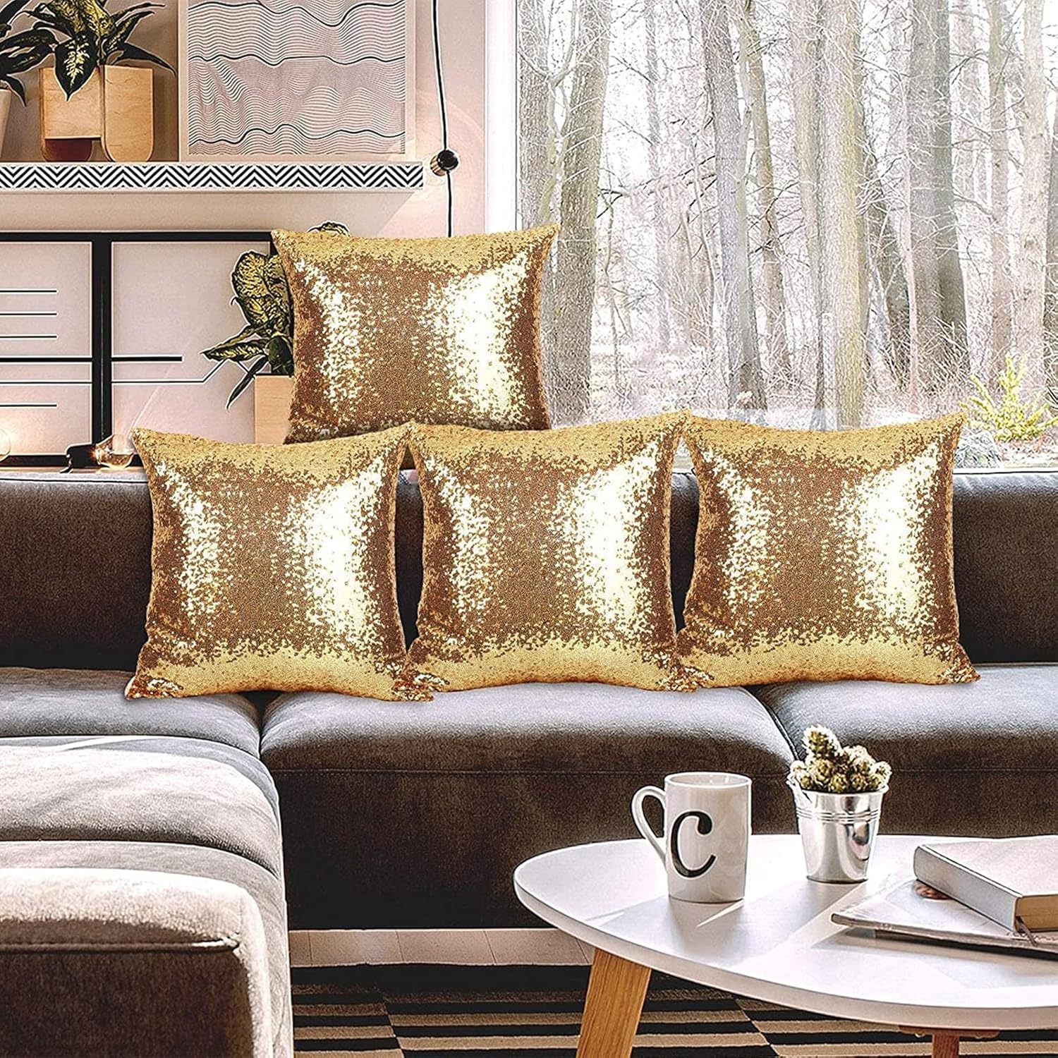 2 coussins décoratifs à paillettes dorées, 45 x 45 cm, housses de coussin carrées en tissu uni à paillettes, fermeture éclair invisible - 3