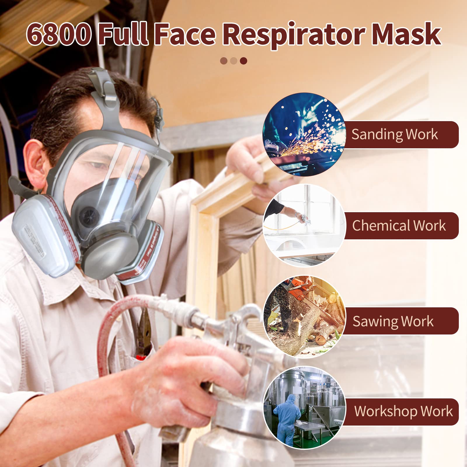 Masque respiratoire complet avec filtre 6001 pour peinture, contre la poussière, les produits chimiques, le polissage, la pulvérisation de voiture - 8