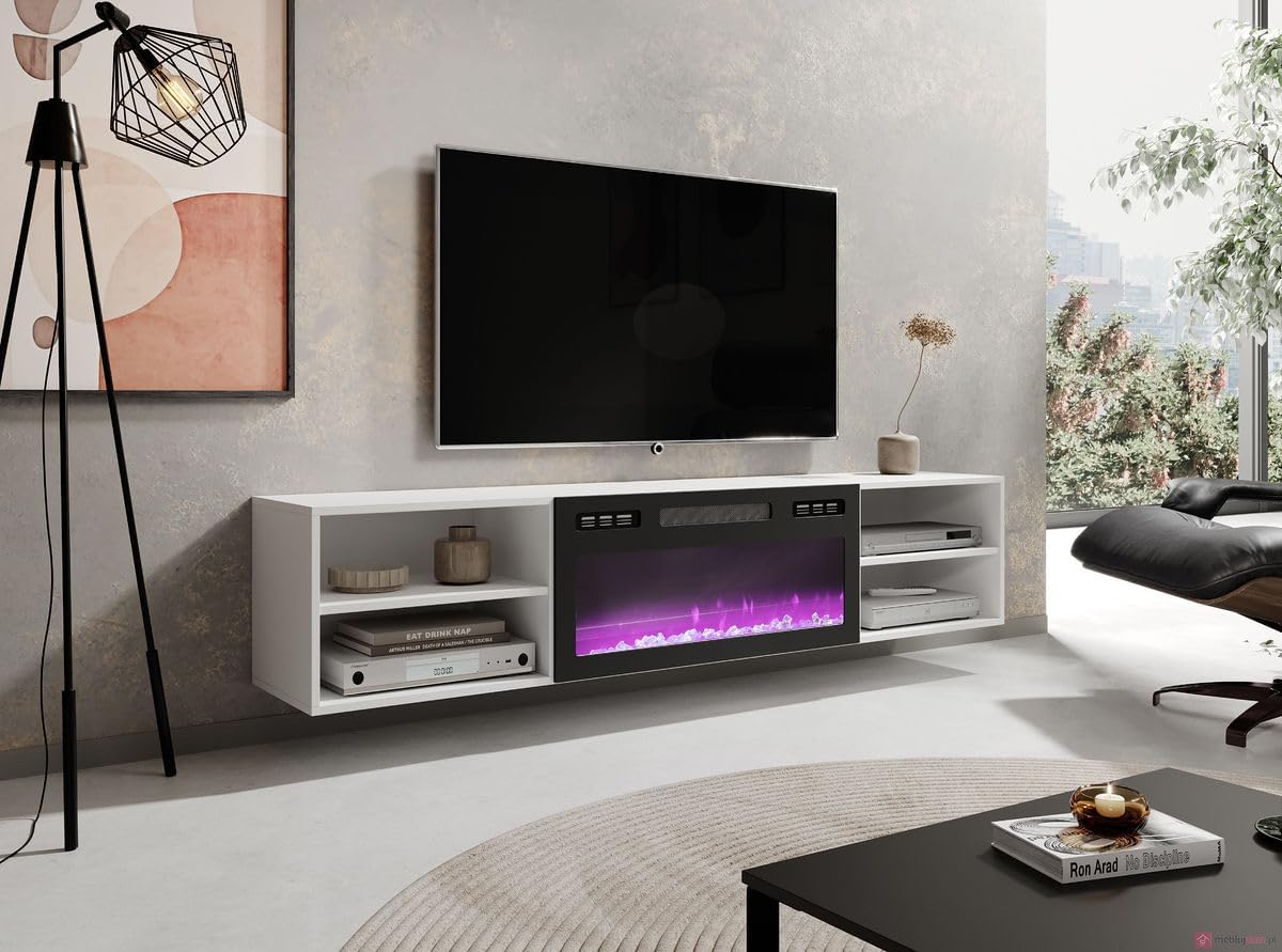 Meuble TV 200x51x33 cm blanc mat ROLLI avec cheminée intégrée noir meuble Hi-fi à susprendre ou á poser - 4
