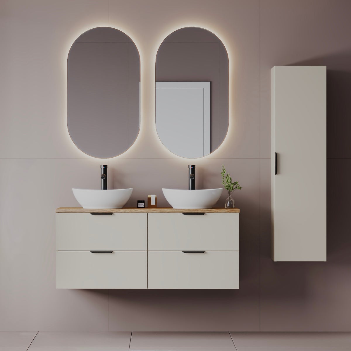 Ensemble meuble double vasque 120cm et colonne Astrid Cachemire et bois - 3