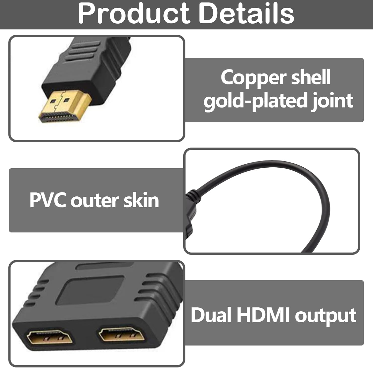 Rallonge HDMI Cable, Switch , Splitter Double Voies - Répartiteur 1 Entrée 2 Sorties - Répartiteur de Câble pour HDTV HD, LED, Moniteur LCD et Project - 3