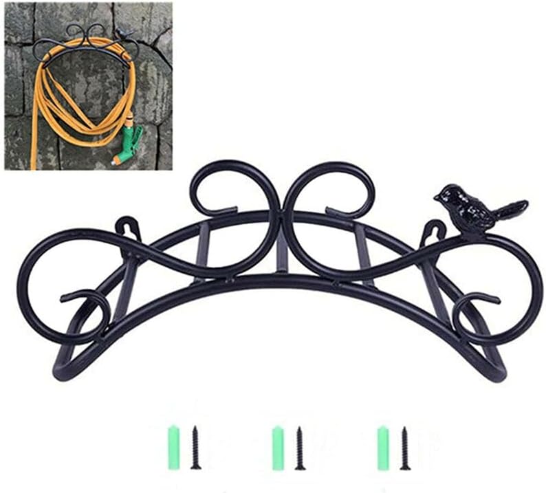 Uchwyt na wąż ogrodowy w stylu retro, czarny, żeliwny, z motywem ptaków