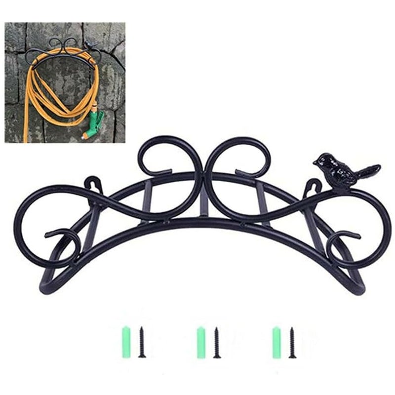 Uchwyt na wąż ogrodowy w stylu retro, czarny, żeliwny, z motywem ptaków