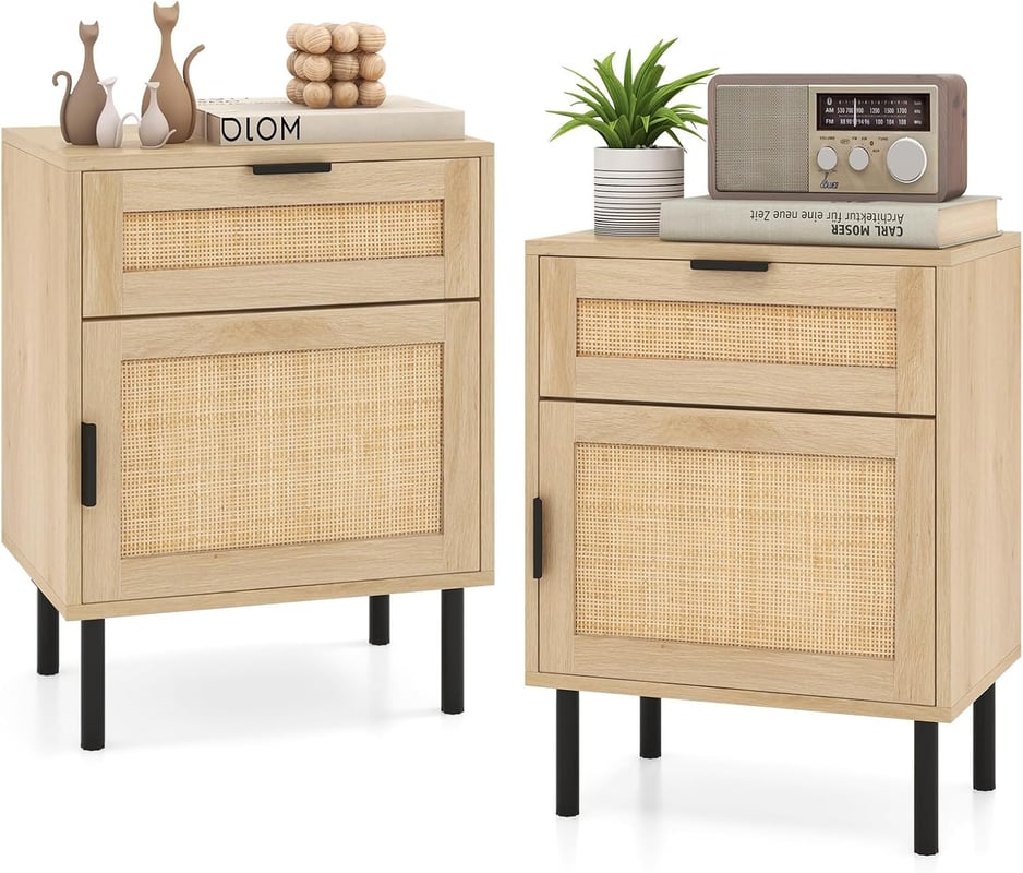Stolik nocny z rattanu, zestaw 2 szt., szafka nocna z szufladą i szafką, stolik pomocniczy, konsola nocna w stylu boho do sypialni, (kolor naturalny)