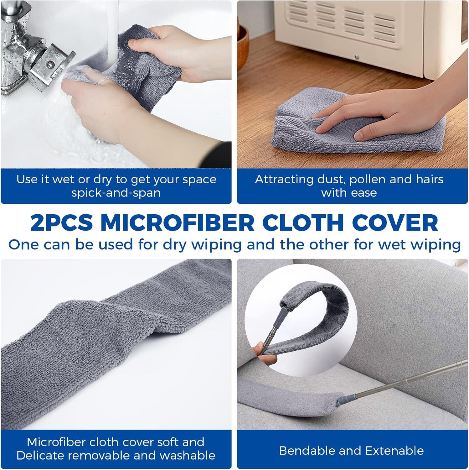 Plumeau rétractable pour le nettoyage des espaces avec 2 chiffons en microfibre, tige de 2,4 m et brosse lavable et rétractable. - 3
