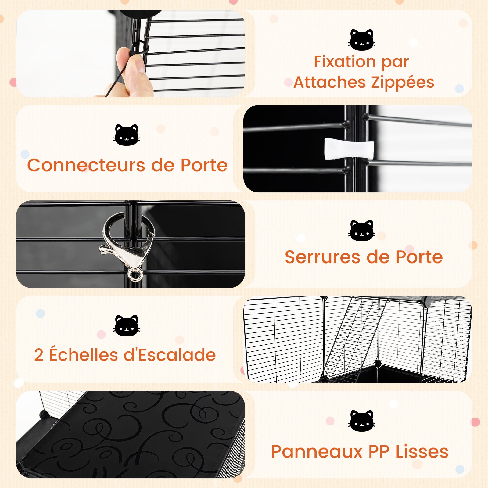Grand Cage Chat à 3 Niveaux, Enclos pour Chats en Fil Métallique, 3 Portes et 2 Rampes, Cage Modulable DIY, Serrure de Porte, pour Petite Animaux - 7